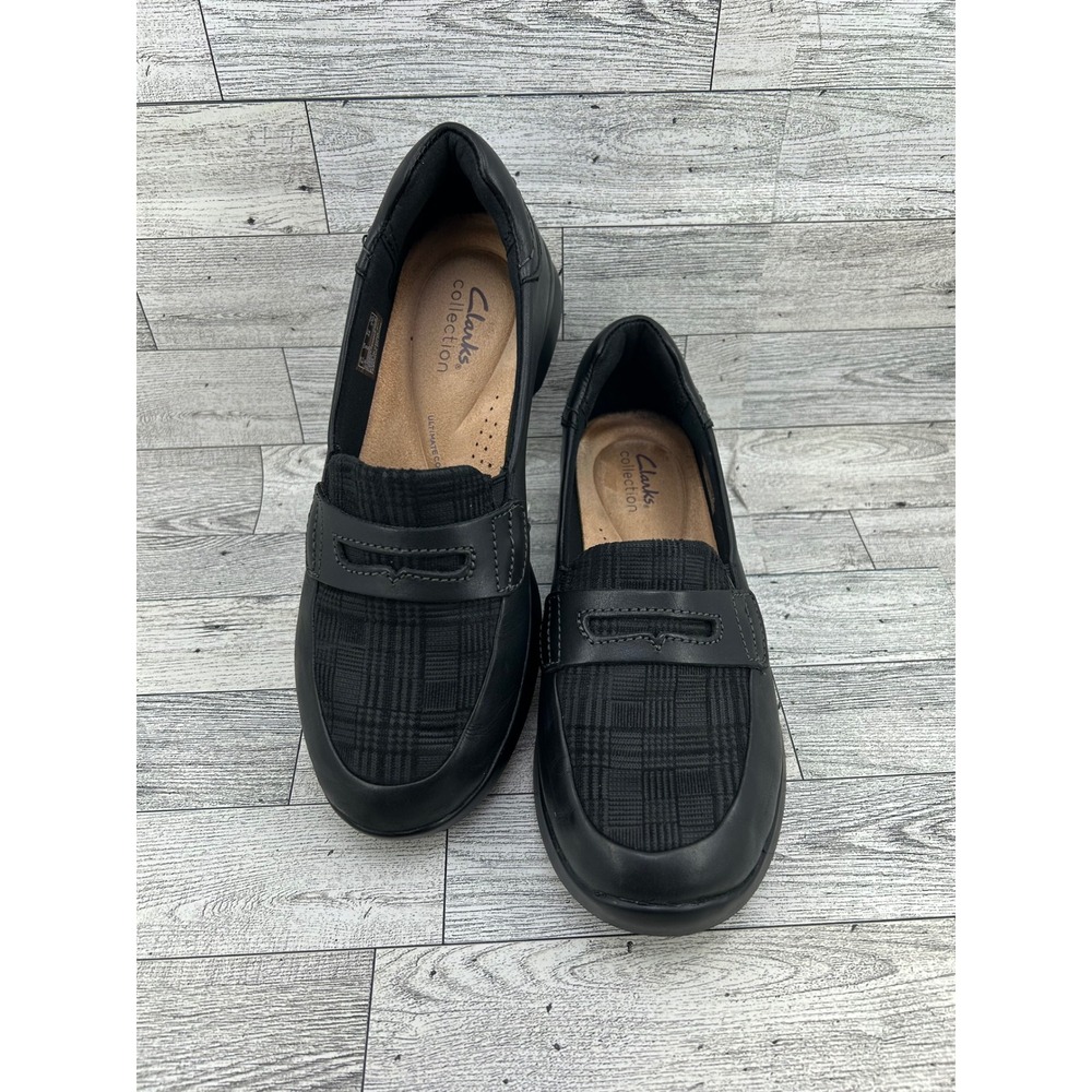 Clarks Collection Women Black Plaid Penny Loafers Ultimate Comfort Wedge Sz‎ 8M